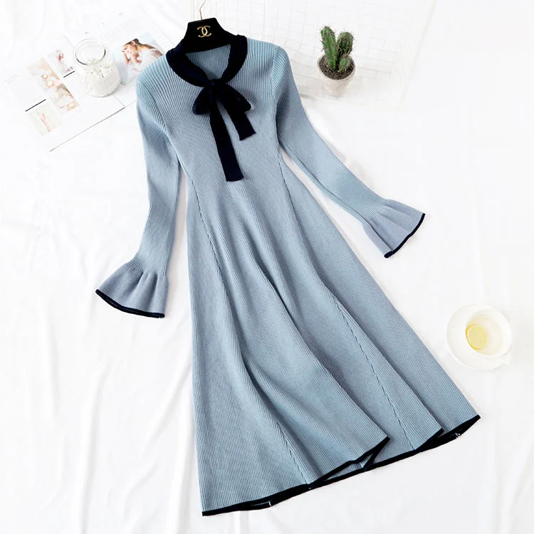 Knitted dress women's new French retro knee length wool dress  2144 Engagement unclassified dresses