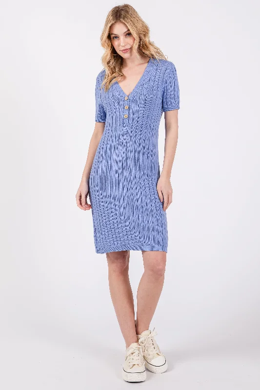 Light Blue Ribbed Knit Dress Denim unclassified dresses