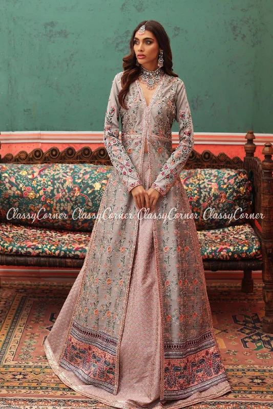 Light Grey Raw Silk Embroidered Gown With Lehenga Outfit Preppy unclassified dresses