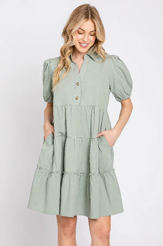 Light Olive Collared Tiered Dress Wedding guest unclassified dresses