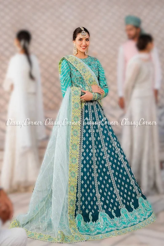 Lime Green Blue Silk Embroidered Lehenga Choli Popular unclassified dresses