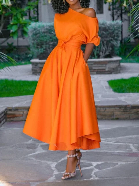 Amy Fashion - A Line Pleated Orange Elegant Dress Casual chic unclassified dresses