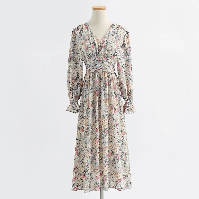 Long sleeve floral dress long fairy French Vintage Chiffon  2430 Cottagecore floral dresses