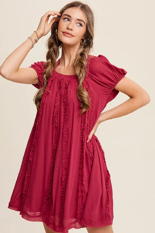 Magenta Square Neck Puff Sleeve Flowy Dress With Ruffle Bright color unclassified dresses