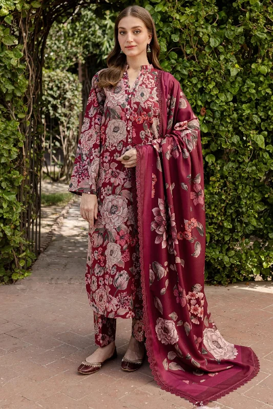 Maroon Floral Printed Khadar 3PC Outdoor floral dresses