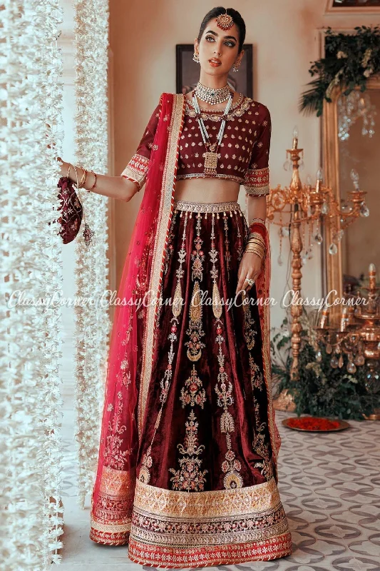 Maroon Golden Embroidered Pakistani Bridal Wear Lehenga Outfit Short unclassified dresses