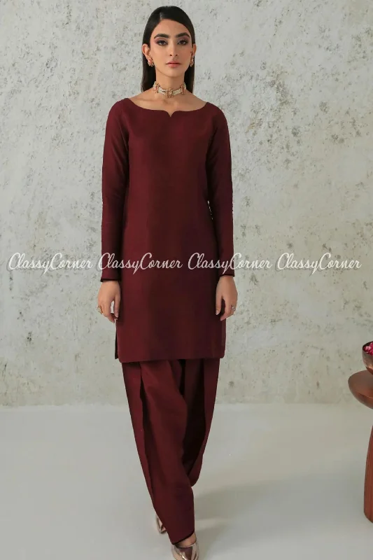 Maroon Solid Silk Pakistani Salwar Kameez Outfit Lounge unclassified dresses