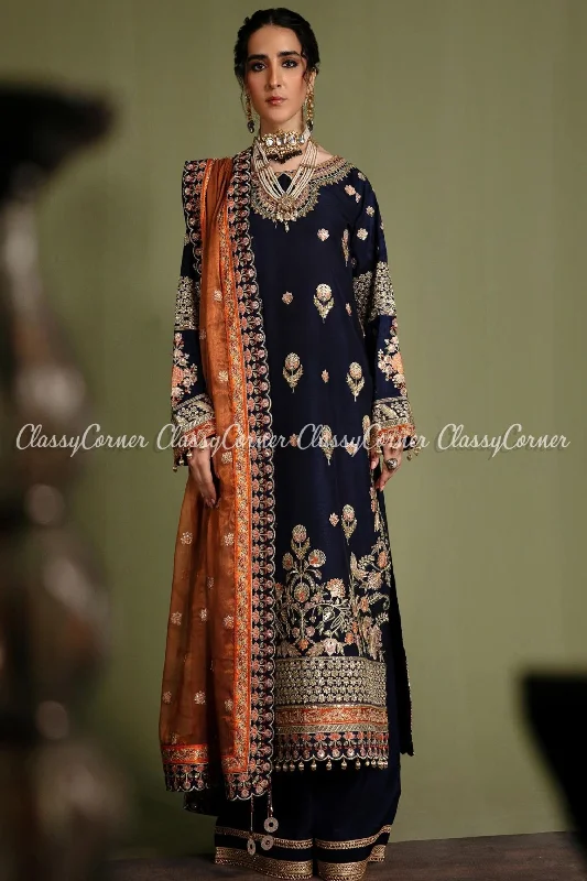 Navy Blue Orange Silk Embroidered Salwar Kameez Breathable unclassified dresses