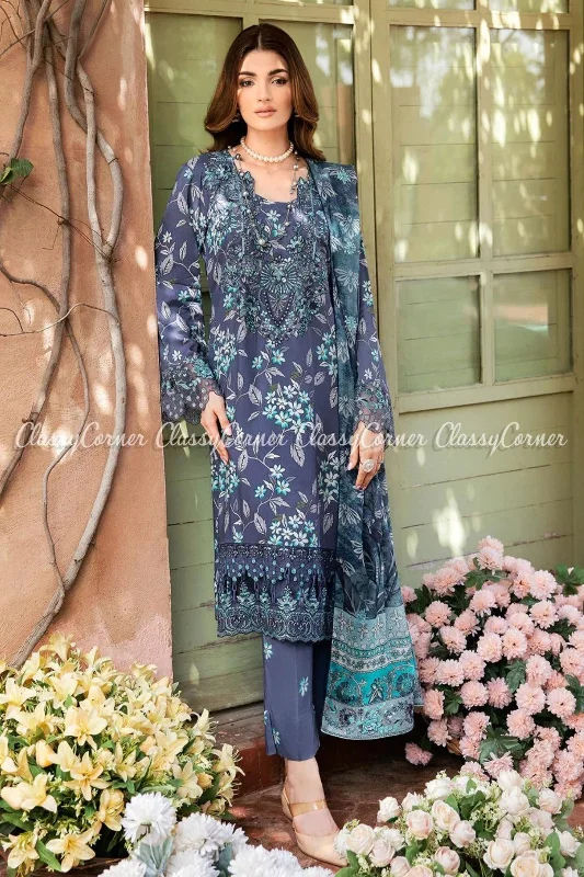 Navy Blue Printed Viscose Embroidered Formal Salwar Kameez Best floral dresses for hourglass body shape