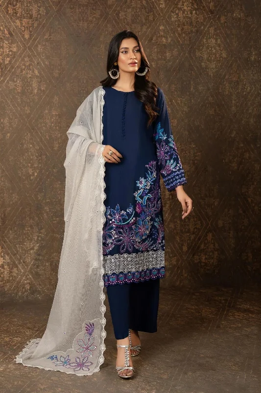 Navy Blue Readymade 3PC Suit Smocked unclassified dresses