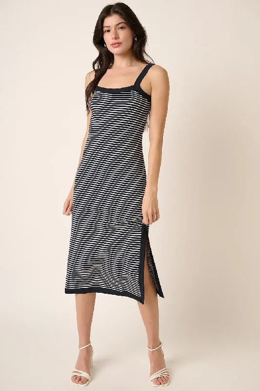 Navy Striped Sleeveless Fitted Side Slit Dress Anniversary unclassified dresses