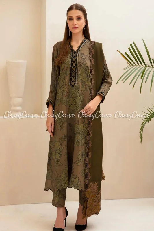 Olive Green Printed Viscose Formal Wear Salwar Kameez Casual floral dresses