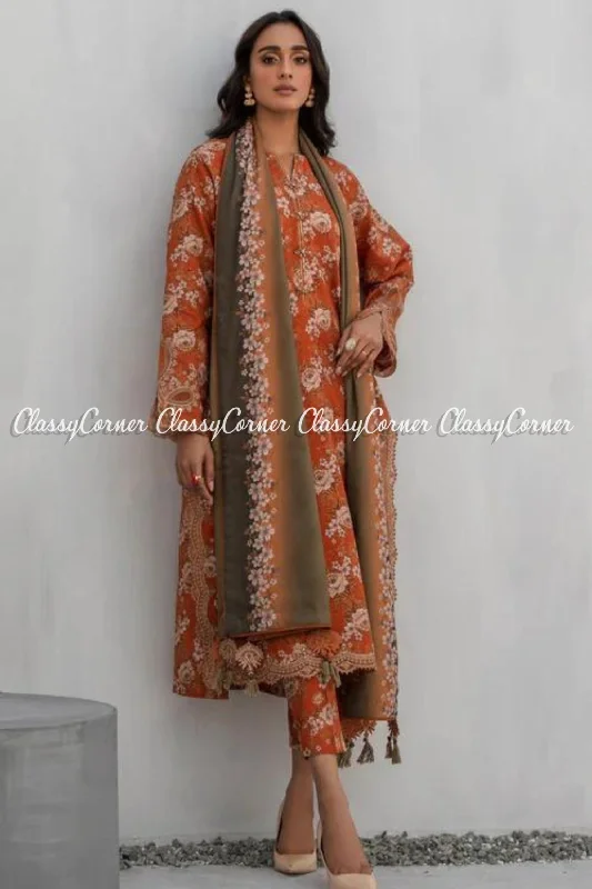 Orange Printed Viscose Slub Khaddar Salwar Kameez Outdoor floral dresses