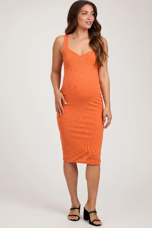 Orange Sleeveless Ribbed Fitted Maternity Dress Metallic unclassified dresses