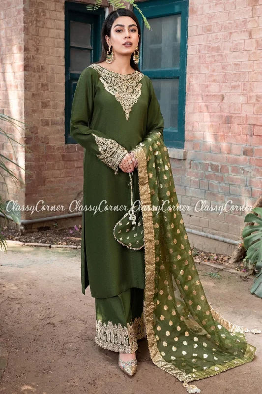 Pakistani Olive Green Khaddi Silk Salwar Kameez Elegant unclassified dresses