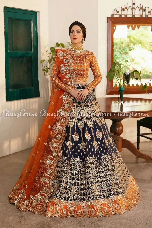 Pakistani Orange Blue Embroidered Lehenga Choli Engagement unclassified dresses