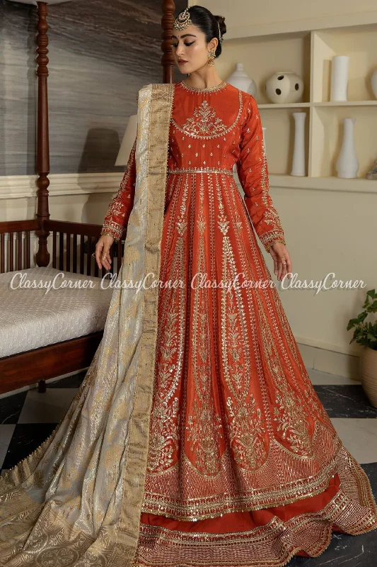 Pakistani Orange Golden Silk Embroidered Bridal Wear Gown Fall unclassified dresses