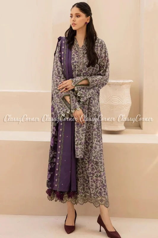 Pakistani Purple Grey Printed Viscose Salwar Kameez Zara floral dresses