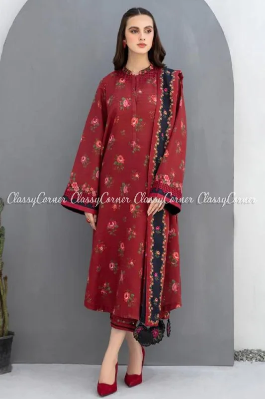 Pakistani Red Multi Khaddar Embroidered Salwar Kameez Corset unclassified dresses