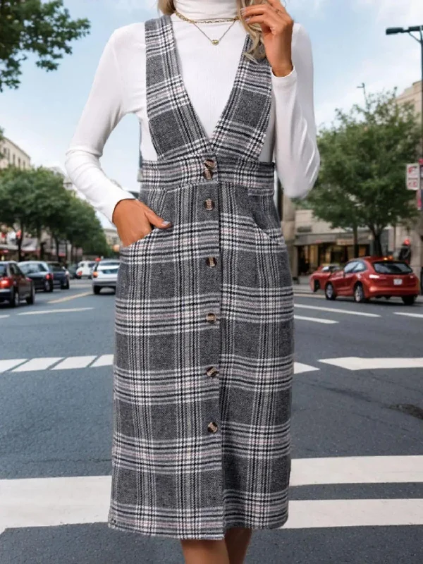 Perfee Pocketed Plaid Overall Dress Fashionable unclassified dresses