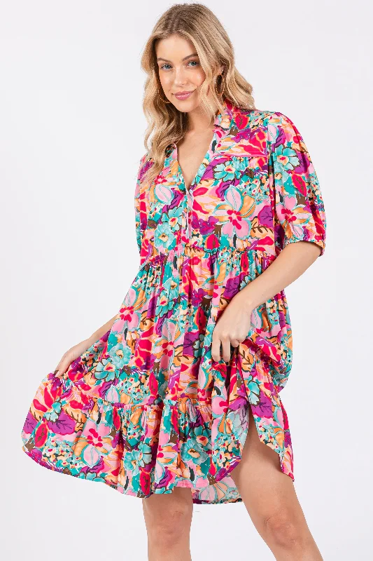 Pink Floral Button Short Sleeve Dress Garden party floral dresses