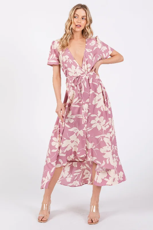 Pink Floral V Neck High Low Dress Formal floral dresses