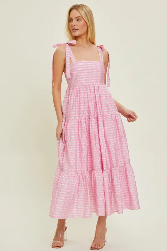 Pink Gingham Shoulder Tie Dress Popular unclassified dresses