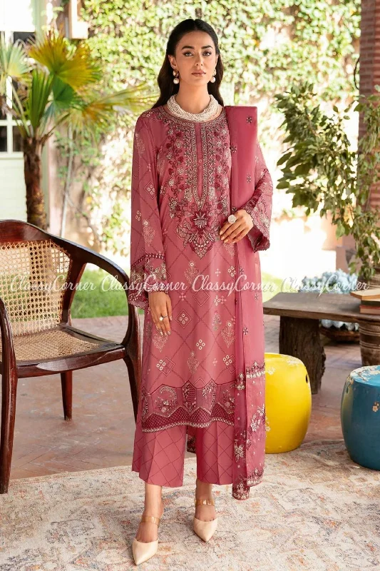 Pink Printed Viscose Embroidered Formal Wear Salwar Kameez Best floral dresses for curvy figures