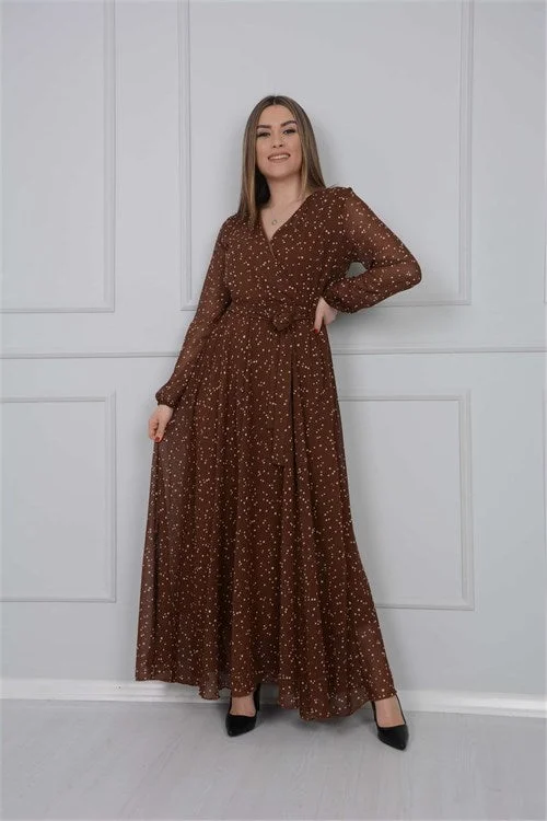 Point Detailed Chiffon Dress - Brown Wedding guest unclassified dresses