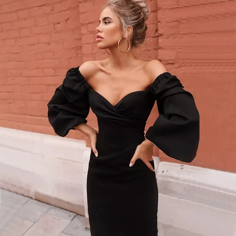 Amy Fashion - Pure V Neck Off Shoulder Lantern Sleeve Dress Elegant evening unclassified dresses