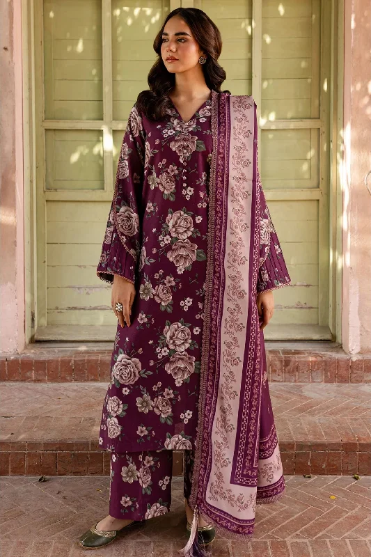 Purple Floral Printed Khadar 3PC Flowy floral dresses