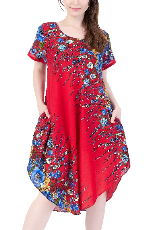 Red Flower fabric Dress with Sleeves and Two Pockets Chiffon unclassified dresses