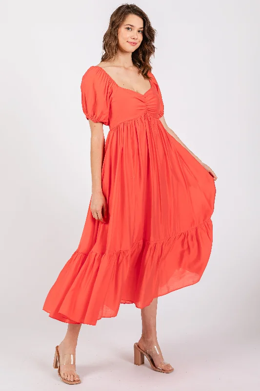 Red Front Ruched Smocked Puff Sleeve Dress Ruffled unclassified dresses