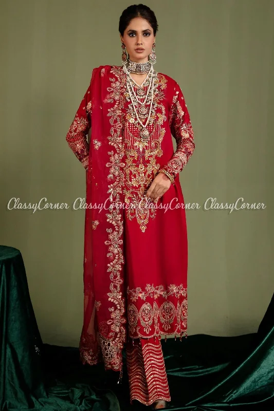 Red Golden Silk Embroidered Pakistani Salwar Kameez Polka dot unclassified dresses