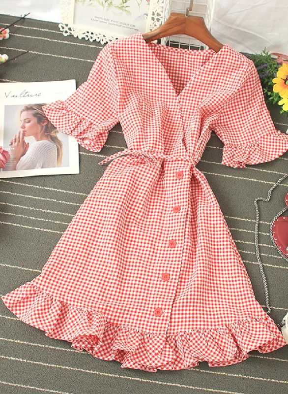 Retro v neck plaid dress women's dress  1202 Discounted unclassified dresses