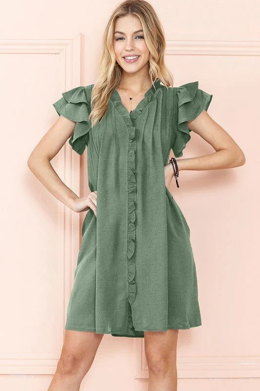 Ruffle Sleeve V neck Green, Black dress w/ pocket Printed unclassified dresses