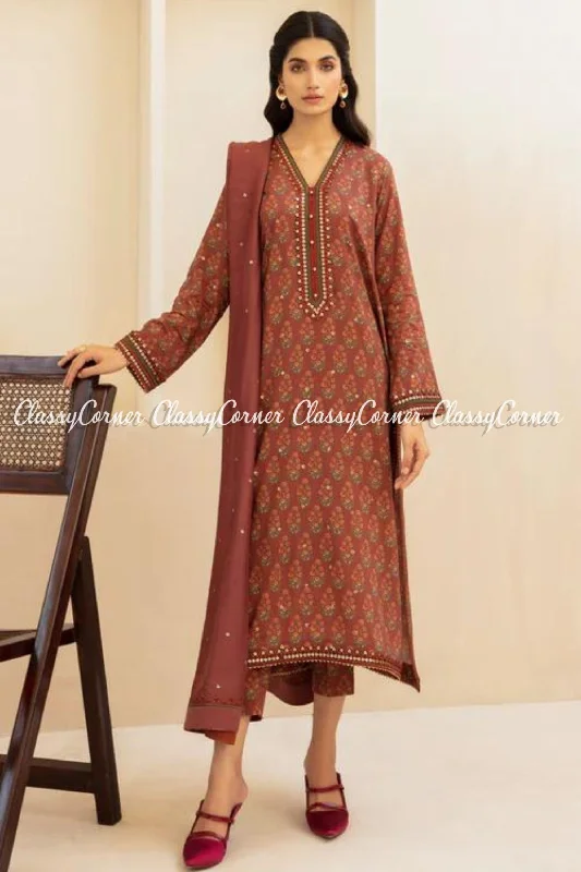 Rust Brown Digital Printed Viscose Salwar Kameez Cocktail floral dresses