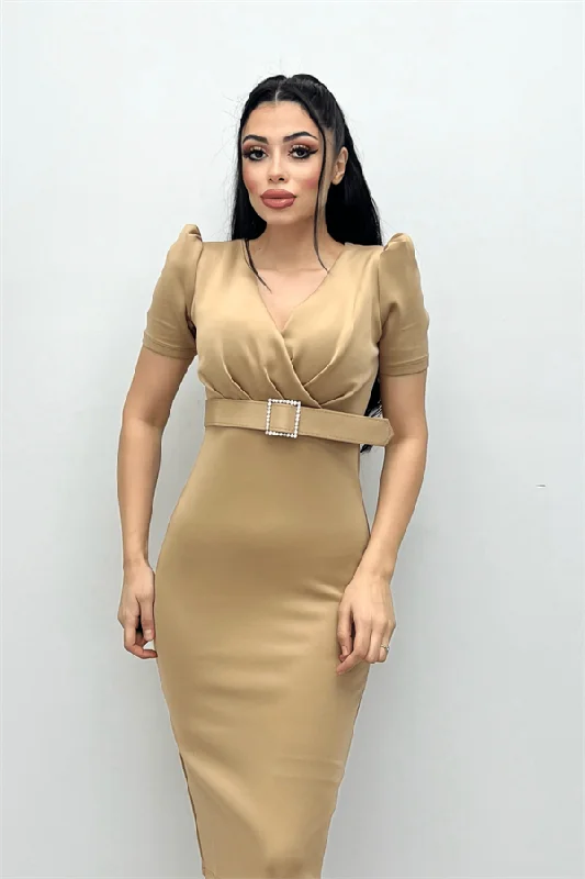 Scuba Fabric Belt Detailed Pen Dress - Beige Petite unclassified dresses