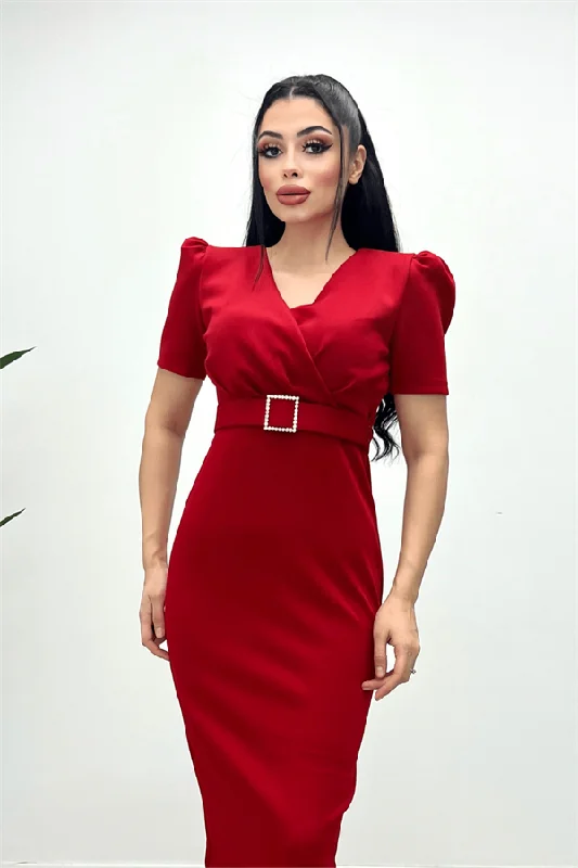 Scuba Fabric Belt Detailed Pen Dress - Red Discounted unclassified dresses