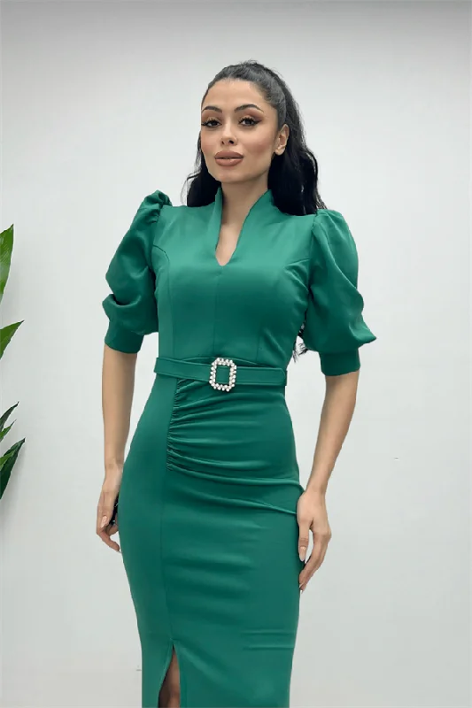 Scuba Fabric Upright Collar Dress - Emerald Green Off-shoulder unclassified dresses