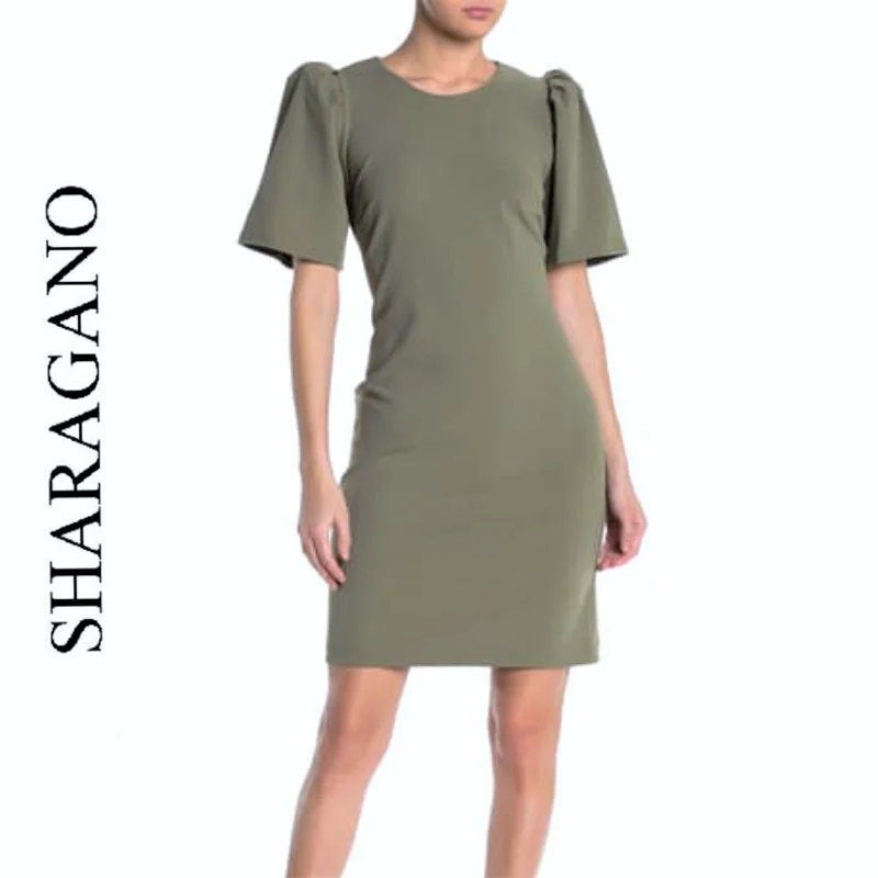 SHARAGANO Elbow Sleeve Shift Dress Olive Short unclassified dresses