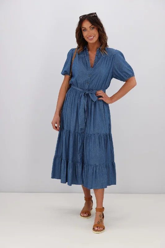 Shine On Label Evette Chambray  Tiered Dress Blue Date night unclassified dresses