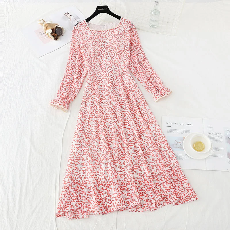 Small fresh long sleeve square neck thin Floral Chiffon Dress  2419 Women's trendy floral dresses sale