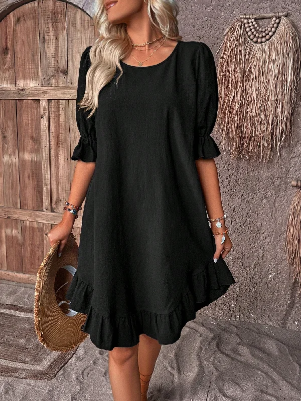 Amy Fashion - Solid Ruffle Hem Smock Dress Vintage unclassified dresses