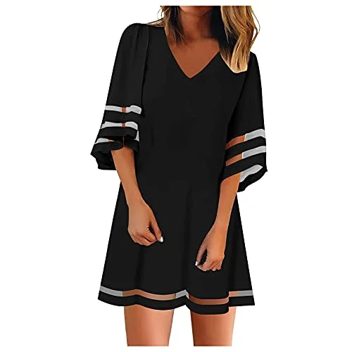 Spring Dresses For Women, Casual Crewneck Mesh Patchwork 3/4 Bell Sleeve Loose A-line Tunic Dress, Casual Sundresses | Original Brand Y2K unclassified dresses