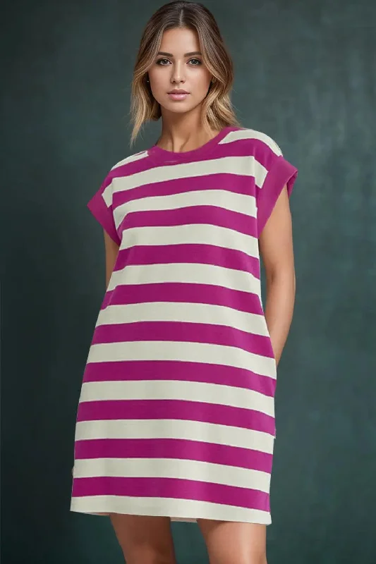 Striped Round Neck Cap Sleeve Dress Bold pattern unclassified dresses