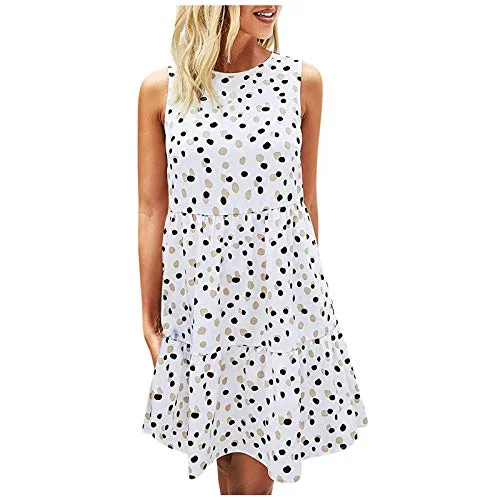 Summer Dress, Women's Vintage Polka Dot Print Sleeveless Dress Cozy Round Neck Sleeveless Beach Dress with Pockets | Original Brand Satin floral dresses