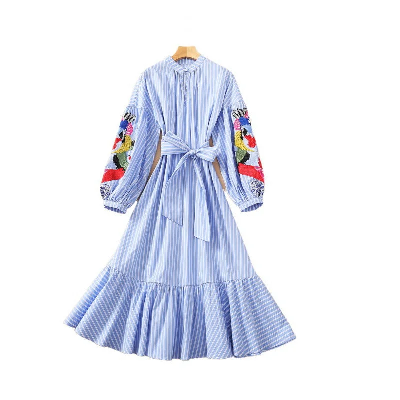 Summer Embroidery Lantern Sleeve Stripe Blue Dress Velvet unclassified dresses