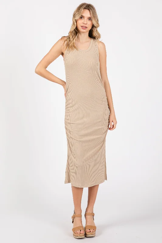 Taupe Sleeveless Ribbed Ruched Dress Chic unclassified dresses