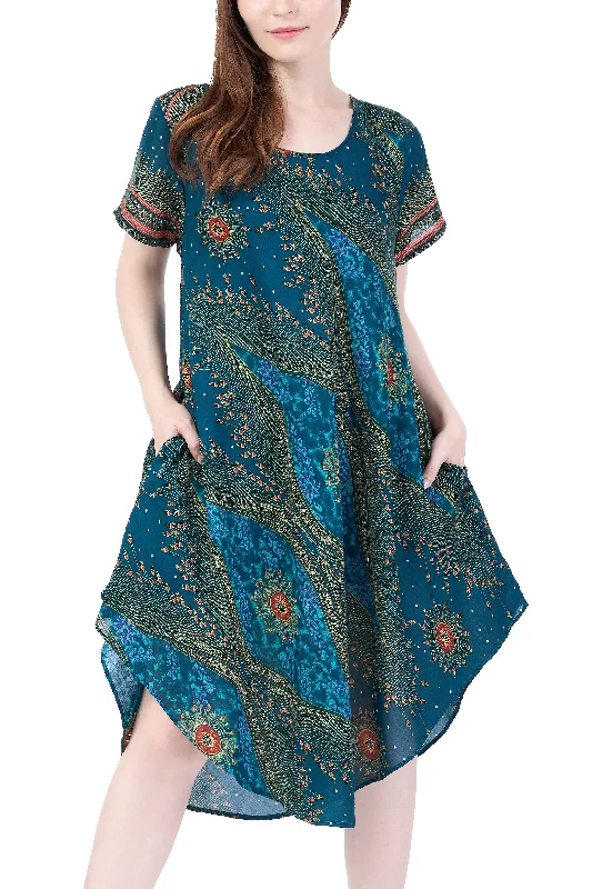 Teal Flower Eye Dress with Sleeves and Two Pockets Popular unclassified dresses